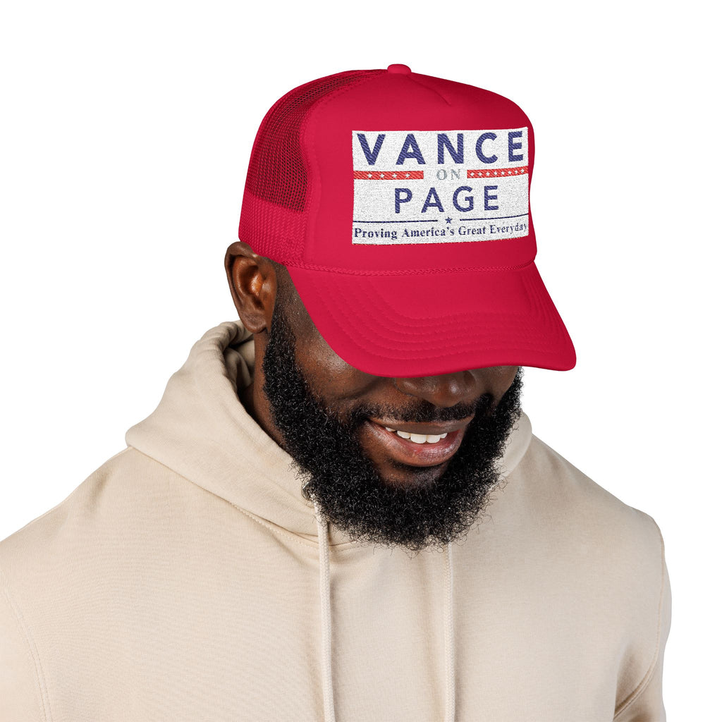 Presidental Campaign Foam Trucker Hat | Embroidery Style "Vance On Page"