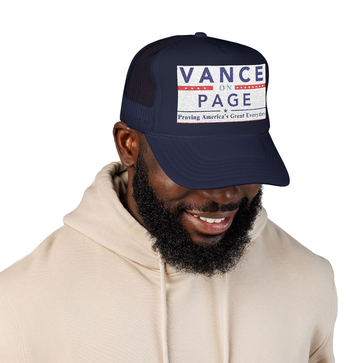 Presidental Campaign Foam Trucker Hat | Embroidery Style "Vance On Page"